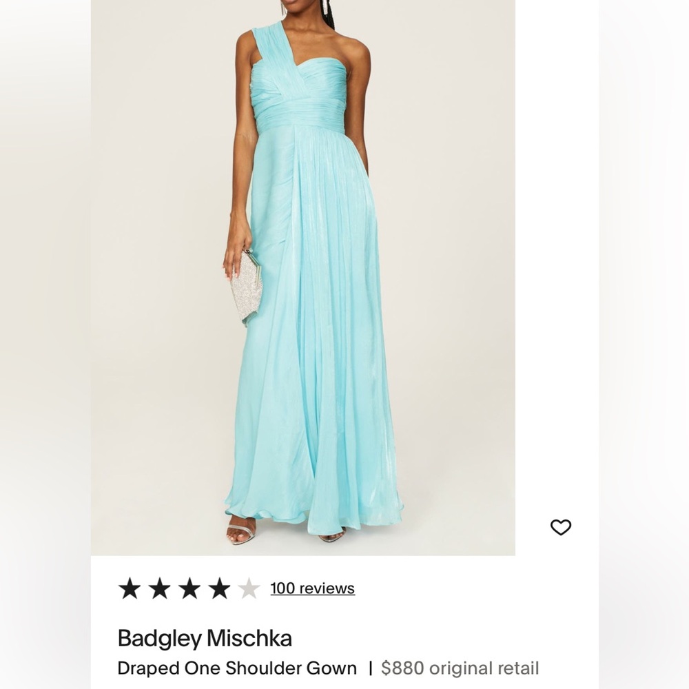 Badgley Mischka Pleated Draped One Shoulder Gown in Azure (Blue)